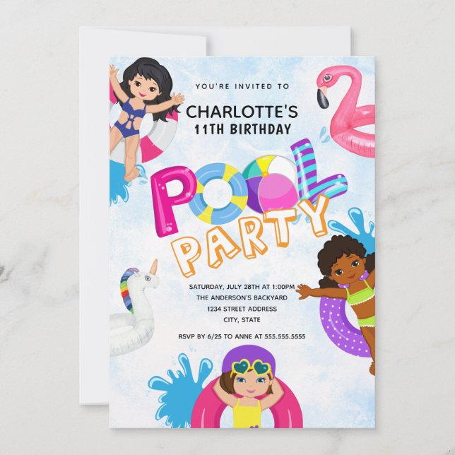 Summer Girls 11th Birthday Pool Party Invitation (Front)