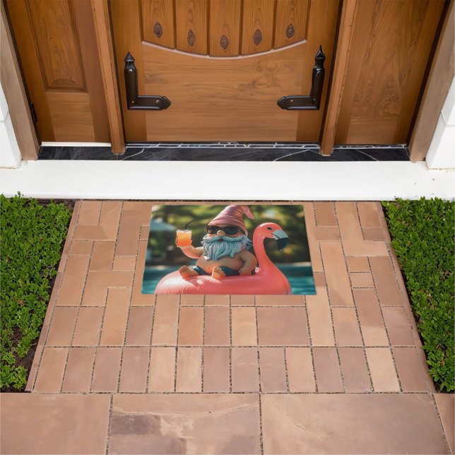 Summer Gnome in Sunglasses on Flamingo Float Doormat (Outdoor)