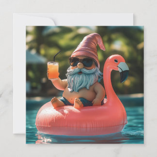 Summer Gnome in Sunglasses on Flamingo Float Holiday Card