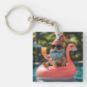 Summer Gnome in Sunglasses on Flamingo Float Key Ring
