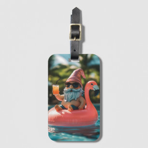 Summer Gnome in Sunglasses on Flamingo Float Luggage Tag