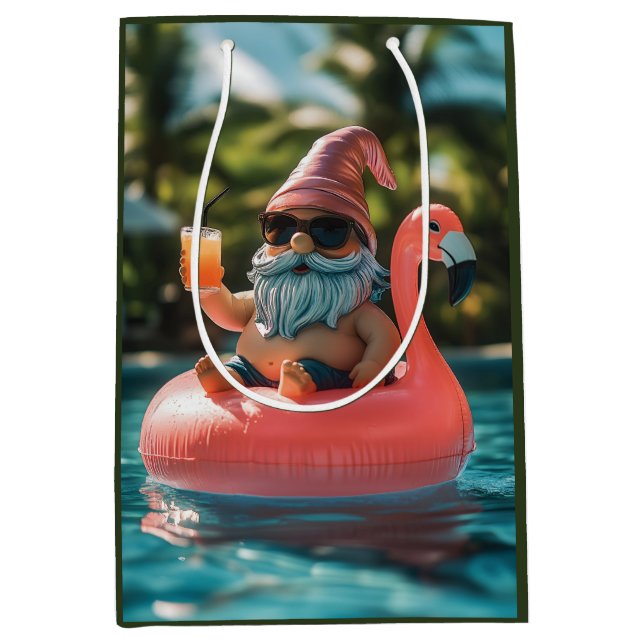Summer Gnome in Sunglasses on Flamingo Float Medium Gift Bag (Front)