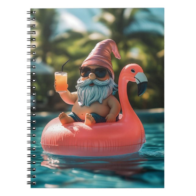 Summer Gnome in Sunglasses on Flamingo Float Notebook (Front)