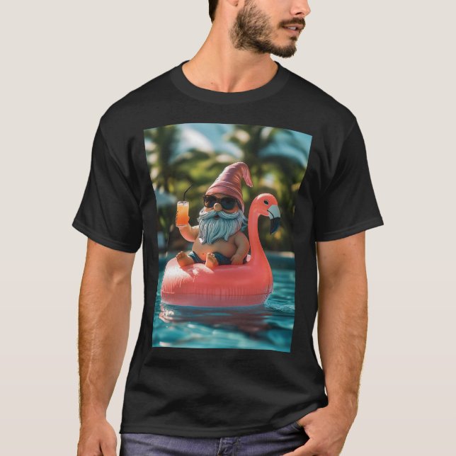 Summer Gnome in Sunglasses on Flamingo Float T-Shirt (Front)