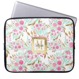 Summer Gold Pink Teal Watercolor Flowers Pattern Laptop Sleeve