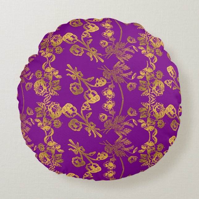 Summer Golden Glitter Falling Flowers pattern Round Cushion (Front)