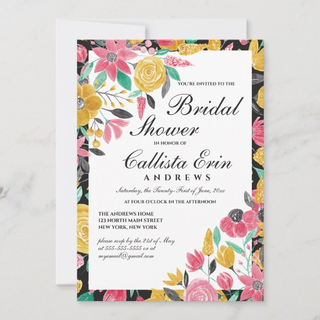 Summer Golden Pink Floral Watercolor Bridal Shower Invitation (Front)