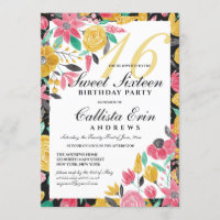 Summer Golden Pink Floral Watercolor Sweet 16