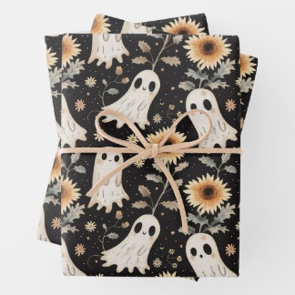 Summer Goth Ghosts and Sunflowers Spooky Wrapping Paper Sheet