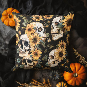Summer Goth Skulls and Sunflowers Spooky Cushion