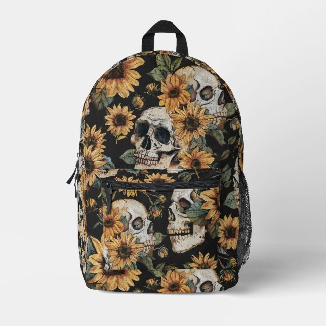 Summer Goth Skulls and Sunflowers Spooky Printed Backpack (Front)