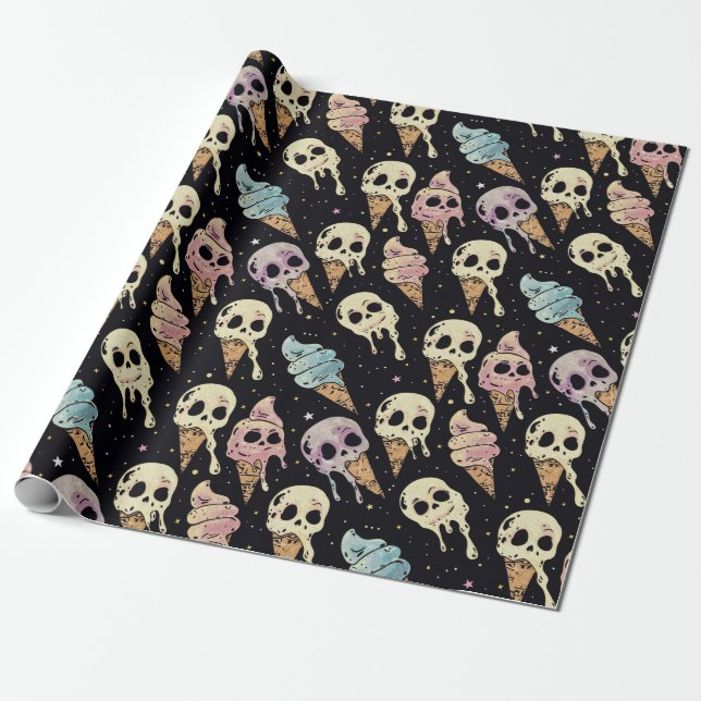 Summer Goth Skulls Ice Cream Spooky Wrapping Paper (Unrolled)