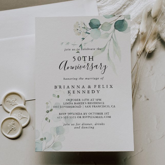 Summer Green Eucalyptus 50th Wedding Anniversary Invitation (Creator Uploaded)