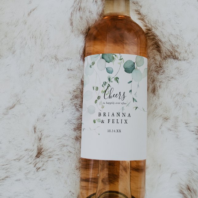 Summer Green Eucalyptus Foliage Cheers Wedding Wine Label (Creator Uploaded)