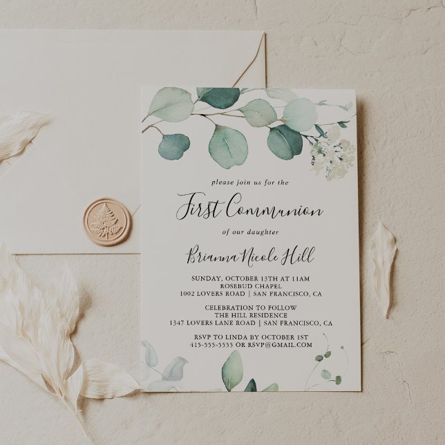 Summer Green Eucalyptus Foliage First Communion Invitation (Creator Uploaded)