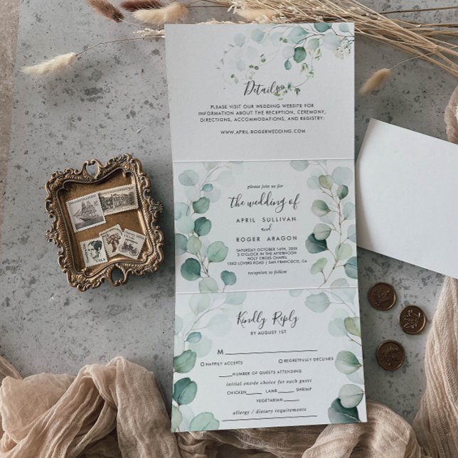 Summer Green Eucalyptus Foliage Wedding Tri-Fold Invitation (Creator Uploaded)