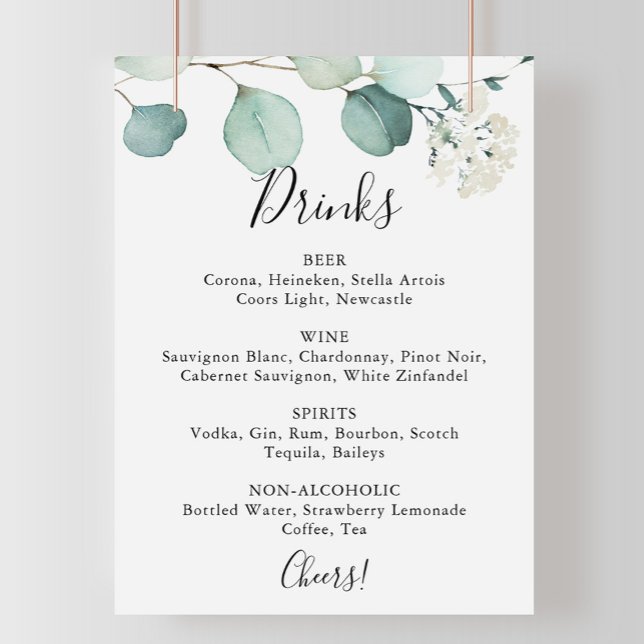 Summer Green Eucalyptus Wedding Drinks Menu Sign (Creator Uploaded)
