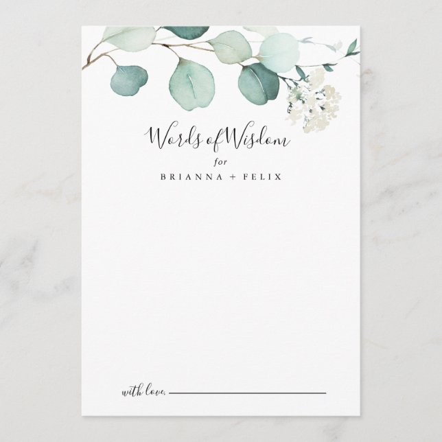 Summer Green Eucalyptus Wedding Words of Wisdom Advice Card (Front)