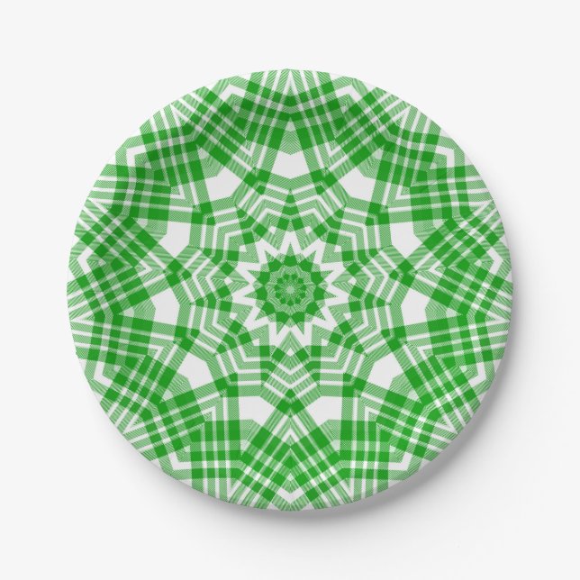 Summer Green n White Plaid Kaleidoscope Paper Plate (Front)