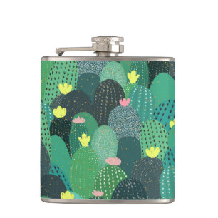 Summer Green Teal Cactus & Gold dots Cute Design Hip Flask