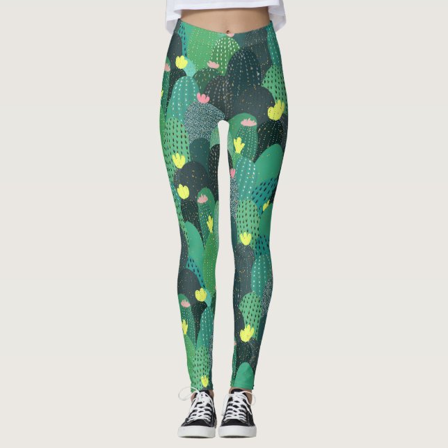 Summer Green Teal Cactus Gold dots Cute Design Leggings (Front)