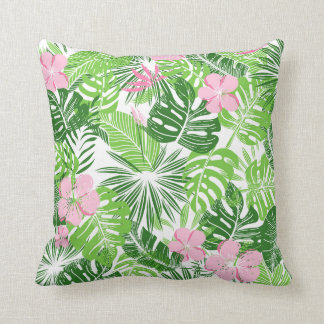 Summer Green Tropical Leaves Pink Floral Pattern Cushion