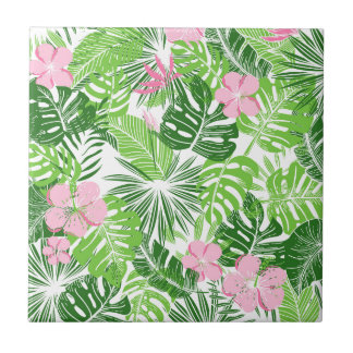 Summer Green Tropical Leaves Pink Floral Pattern Tile