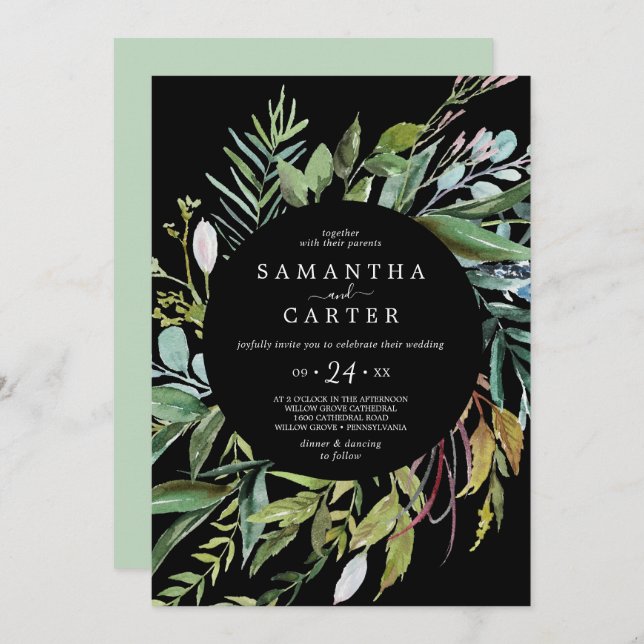 Summer Greenery | Black Casual Wedding Invitation (Front/Back)