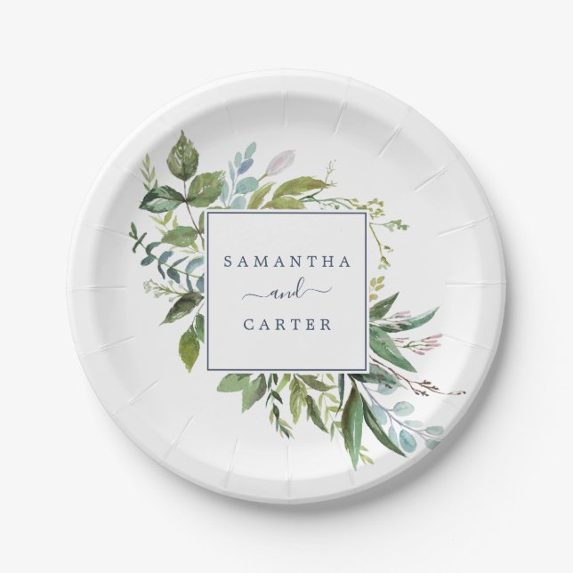 Summer Greenery Bride and Groom Wedding Paper Plate (Front)