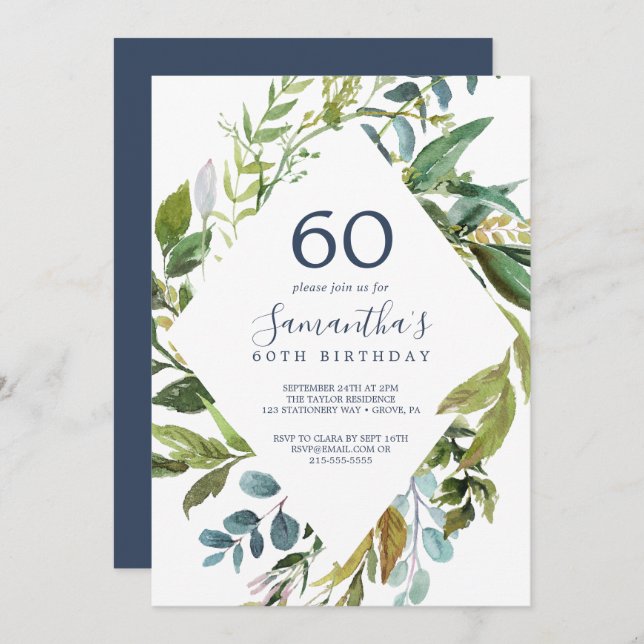 Summer Greenery Diamond Wreath 60th Birthday Invitation (Front/Back)