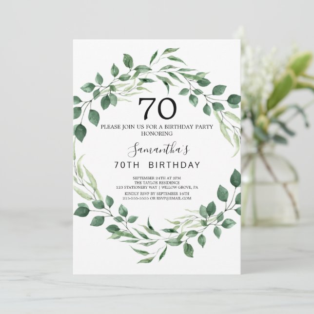 Summer Greenery Diamond Wreath 70th Birthday  Invitation (Standing Front)