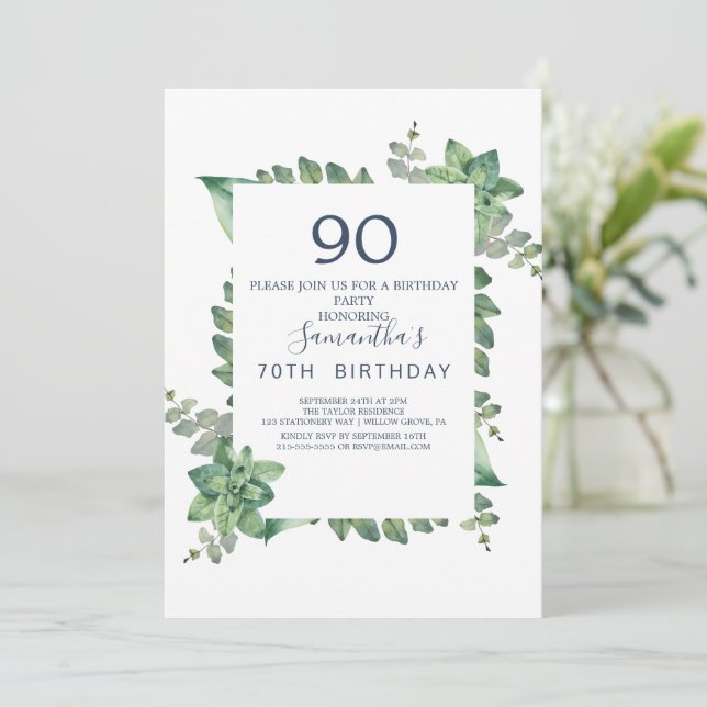Summer Greenery Diamond Wreath 90th Birthday  Invitation (Standing Front)