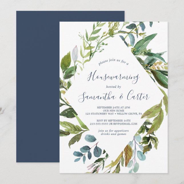 Summer Greenery Diamond Wreath Housewarming Party Invitation (Front/Back)