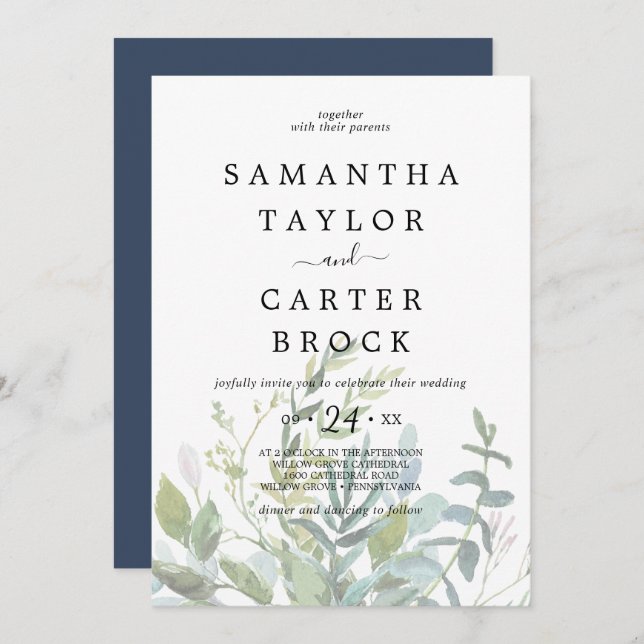 Summer Greenery Faded Foliage Wedding Invitation (Front/Back)