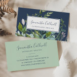 Summer Greenery | Navy Business Card<br><div class="desc">This summer greenery navy business card is perfect for a small business owner,  consultant,  stylist and more! The botanical design features a lush arrangement of painted watercolor eucalyptus,  greenery,  and green leaves with subtle sprigs of blush pink blossoms on a navy blue background.</div>
