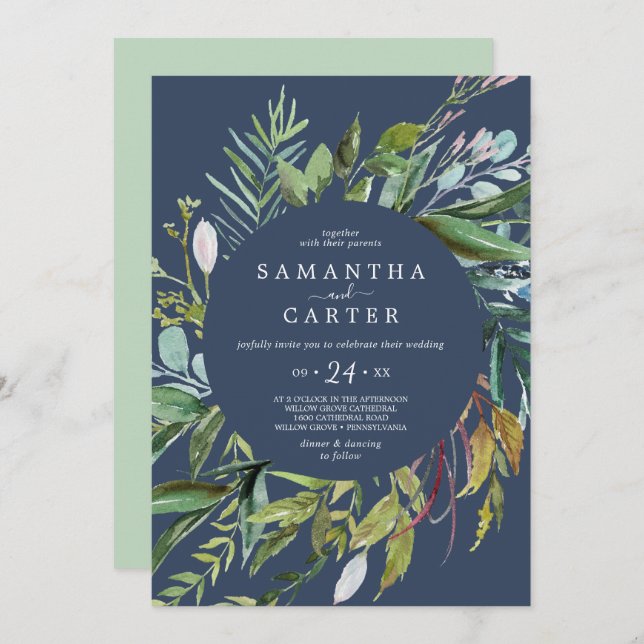Summer Greenery | Navy Casual Wedding Invitation (Front/Back)