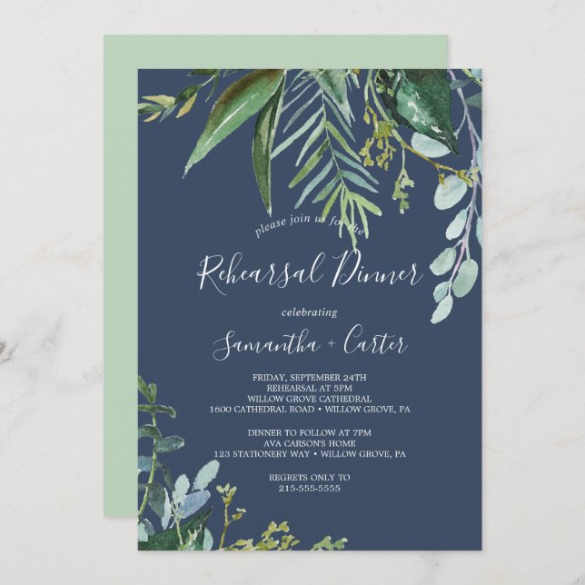 Summer Greenery | Navy Rehearsal Dinner Invitation (Front/Back)