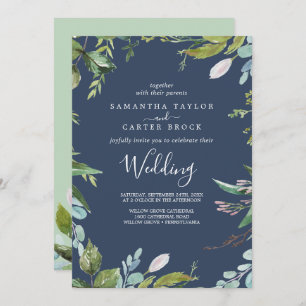 Summer Greenery Navy Wedding Invitation