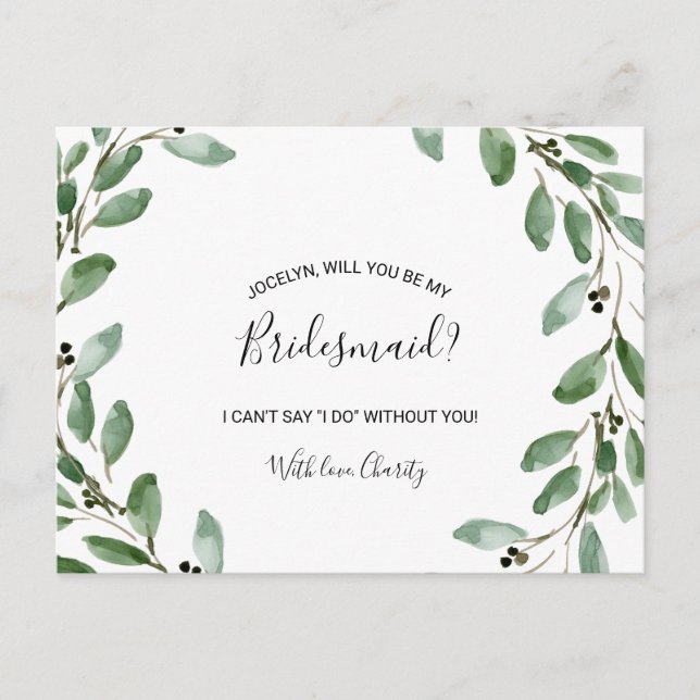 Summer Greenery Tropical Eucalyptus Bridesmaid Invitation Postcard (Front)