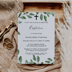 Summer Greenery Tropical Eucalyptus Cross Baptism Invitation