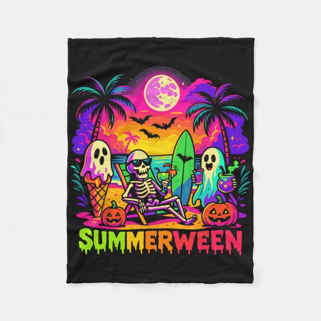 Summer Halloween Skeleton Ghost Beach  Fleece Blanket (Front)