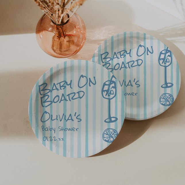 Summer Hand Drawn Blue Baby On Board Baby Shower Paper Plate (Creator Uploaded)