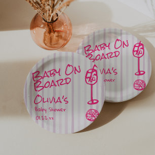 Summer Hand Drawn Pink Baby On Board Baby Shower Paper Plate
