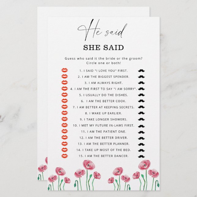 Summer He said she said bridal shower game (Front/Back)