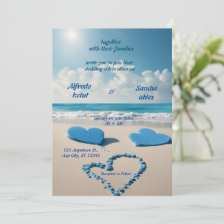 summer hearts beach ocean blue wedding invitation
