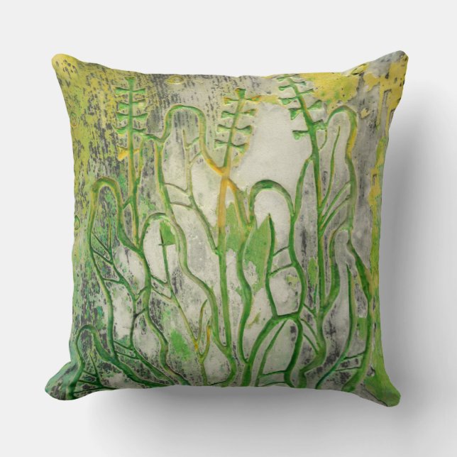 Summer herbs, wildflowers, floral art green yellow cushion (Front)