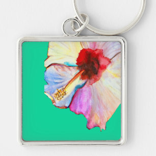 Summer hibiscus watercolor art key ring