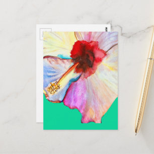 Summer hibiscus watercolor art postcard