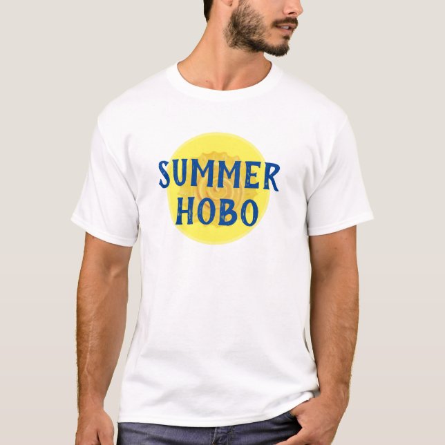 "Summer Hobo" Funny Quote Yellow Sun Blue Text T-Shirt (Front)