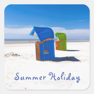 Summer holiday blue Beach chair photo with text Square Sticker